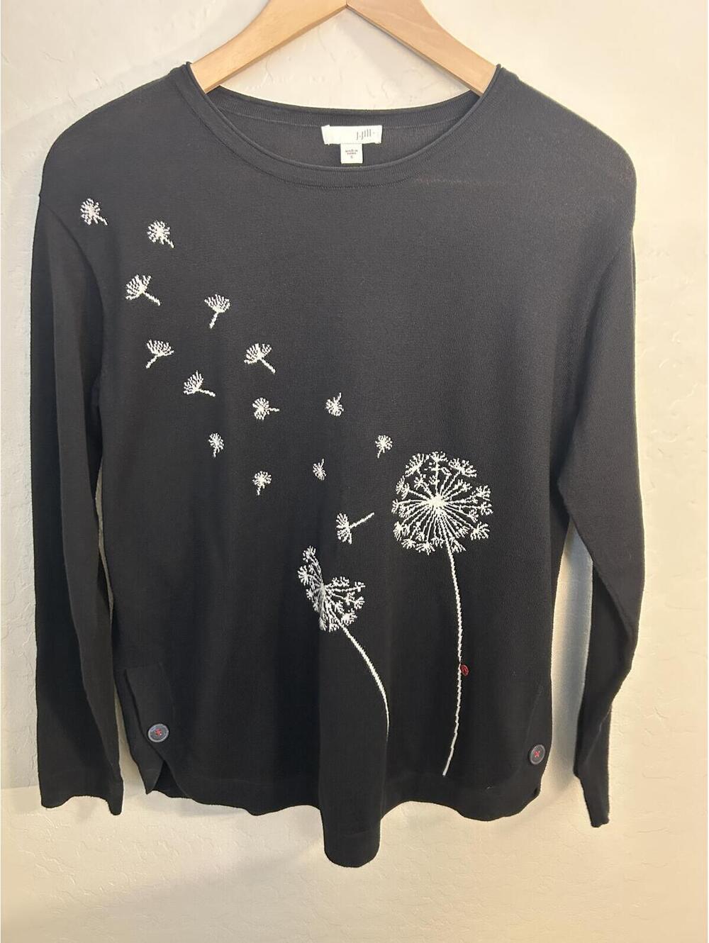 J.Jill Black Long Sleeve Embroidered Dandelion Cotton Top Size S 100% cotton
